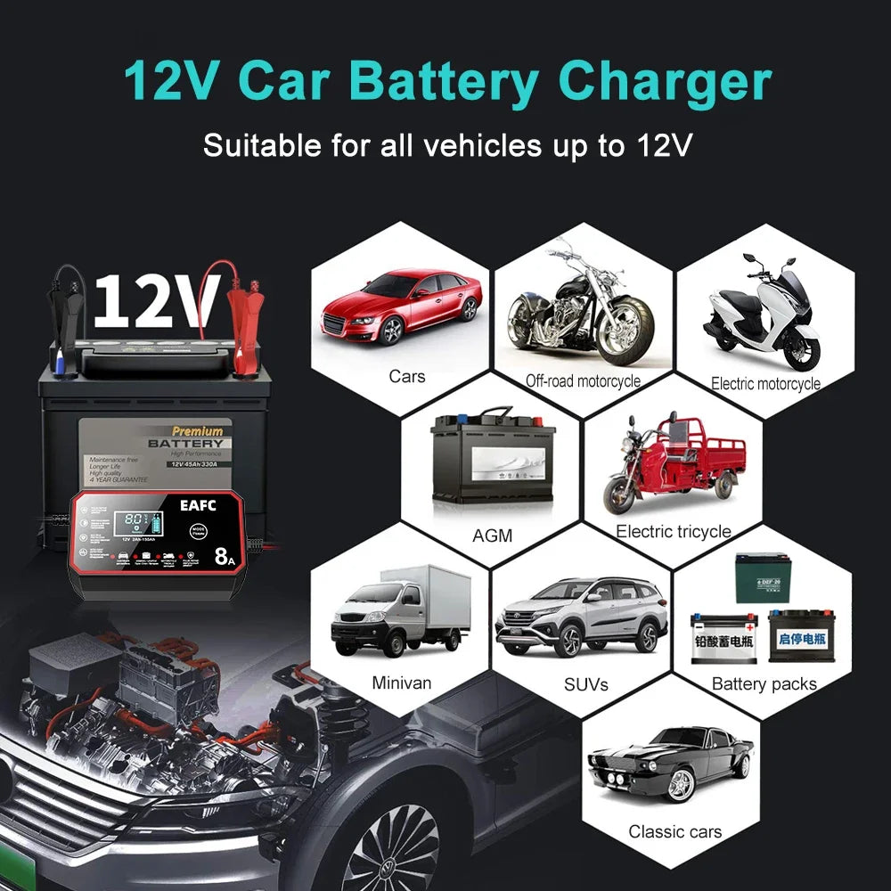 Prostownik do akumulatora 12V 6A/8A z wyświetlaczem LCD